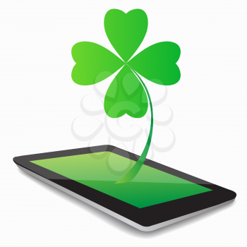 Four- leaf clover - Irish shamrock St Patrick's Day symbol. Useful for your design. Green glass clover  on white background.Stylish abstract St. Patrick's day  leaf clover whit tablet computer.