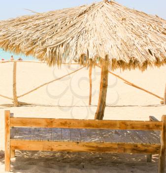 Wooden Chair and Natural Umbrella on the Beach at Sun Light.