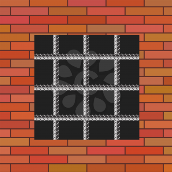 Prison Window 0n Red Brick Wall. Jail Wall with Window.