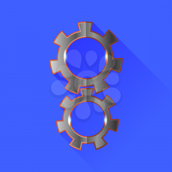 Two Gears Isolated on Blue Background. Long Shadow.