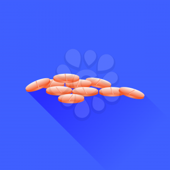 Red Pills Isolated on Blue Background. Long Shadow