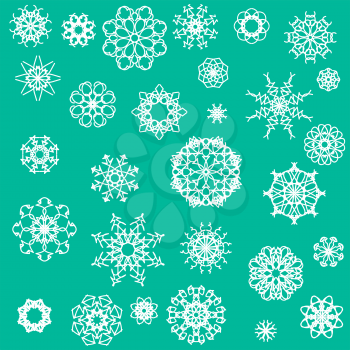 Snow Flakes Icons Isolated on Green Background