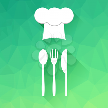Cheef Hat Icon and Fork Spoon Khife on Green Polygonal Background