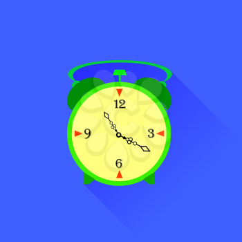 Alarm Clock Icon Isolated on Blue Background. Long Shadow