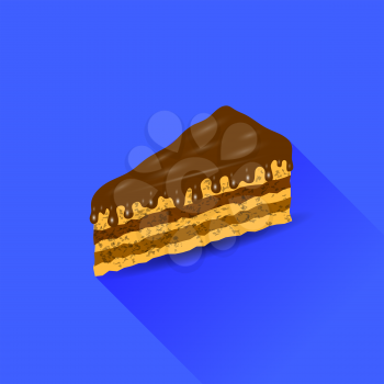Chocolate Cake Isolated on Blue Background. Long Shadow