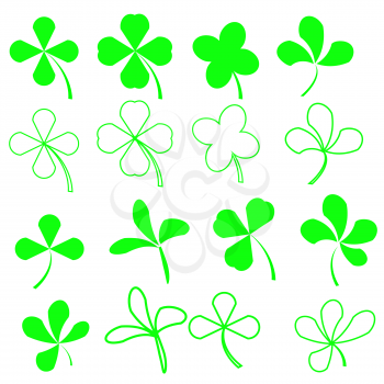 Set of Green Leaves Icons Isolated on White Background. Symbols of Patricks Day. Green  Shamrocks