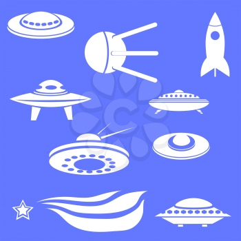 Set of Spaceships Silhouettes Isolated on Blue Background
