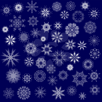Set of Different Winter Snowflakes Isolated on Blue Background