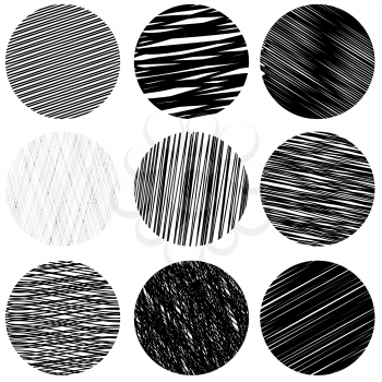 Set of Black Diagonal Strokes Patterns Isolated on White Background. Sketch Circles.