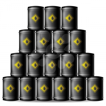 Set of Black Metal Oil Barrels Isolated on White Background