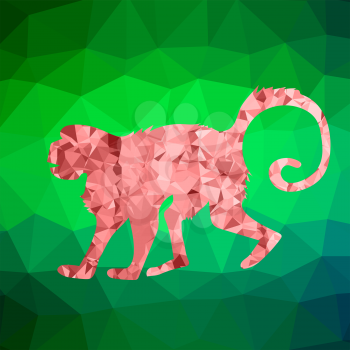 Red Mosaic Monkey Isolated on Green Polygonal Background. Symbol of Chinese New Year