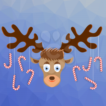 Cute Cartoon Deer with Candy Canes on the Horns on Winter Blue Ice Background. Polygonal Pattern. Symbols of Christmas