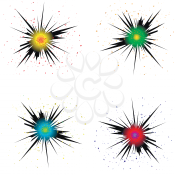 Set of Colorful Bursts. Explode Flash, Cartoon Explosion Effect with Smoke. Bomb Comic. Star Explosion with Particles Isolated on White Background