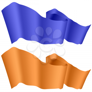 Flags Fluttering in the Wind. Blue and Orange Ribbons Isolated on White Background. Two Horizontal Curled Banners