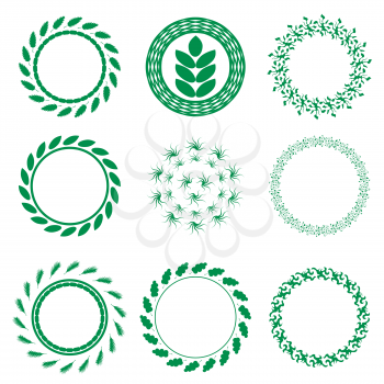 Set of Green Circle Floral Frames Isolated on White Background