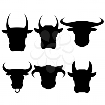 Set of Bull Heads Silhouettes Isolated on White Background. Bull Icon. Bull Logo. Bull Head. Bull Front View. Bull Horns. Bull Silhouette. Bull Icon App.