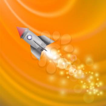 Space Rocket on Orange Wave Background . Launching Spacecraft.