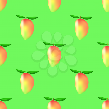 Set of Fresh Mango on Green Background. Seamless Mango Fruit Pattern