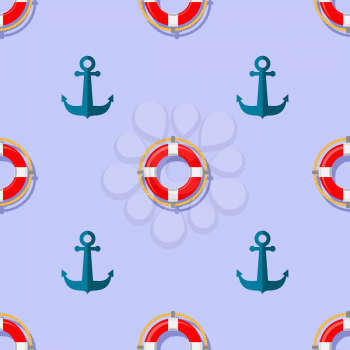 Lifebuoy and Anchor Icons Nautical Pattern on Blue. Lifequard Symmetric Background