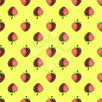 Fresh Strawberry Fruit Seamless Pattern on Yellow Background