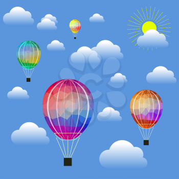 Colored Air Balloon Icons Flying on Blue Sky Background