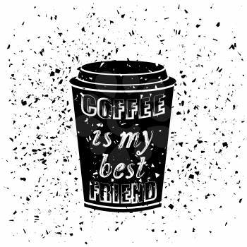 Black Coffee Paper Cup Covered with Hand Drawing Quote on the Theme of Coffee. Typography Design on Grunge Particles Background