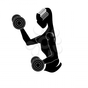 Sport Club Gym Logo Design Isolated on White Background. Female Silhouette with Dumbbels. Fitness Emblem. Strenght Training. Bodybuilder Holding Weight.
