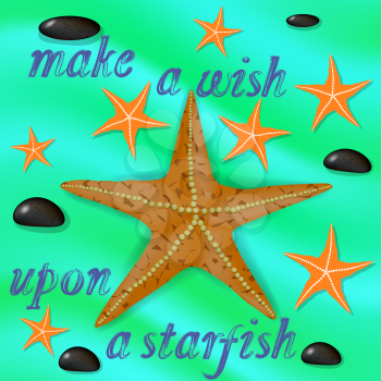 Orange Starfish and Stones on Azure Wave Water Background. Positive Summer Banner with Grunge Lettering