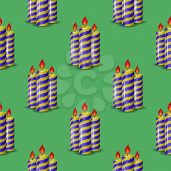 Blue Yellow Wax Candles Seamless Pattern Isolated on Green Background. Burning Candles Set.