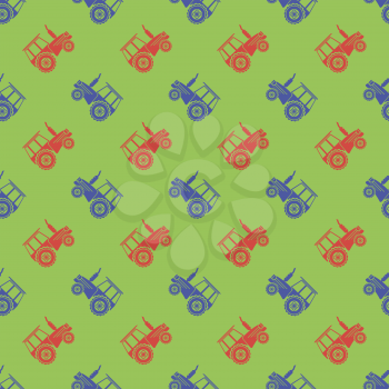 Tractor Icon Seamless Pattern on Green Background. Agricultural Transport for Farm