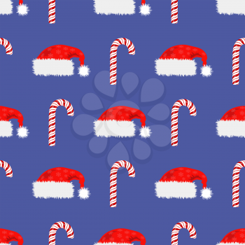 Red Hat and Candy Cane Seamless Pattern. Winter Background