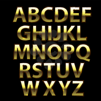Gold Grunge Alphabet. Capital Yellow Metal Letters Isolated on Black Background