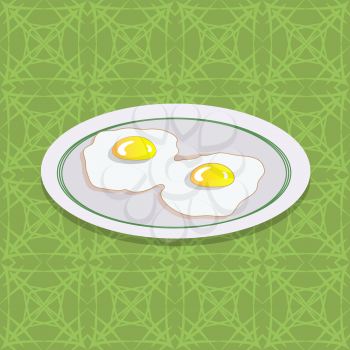 Two Fried Eggs on White Plate. Breakfast on Green Ornamental Tablecloth
