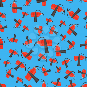 Red Metallic Extinguisher Seamless Pattern on Blue Background