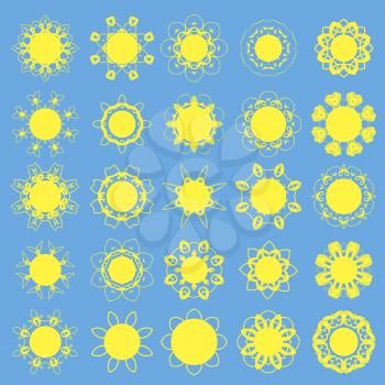 Different Sun Icons Isolated on Blue Background