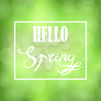 Spring Lettering Design. Banner with Green Blurred Background and Text in Square Frame.