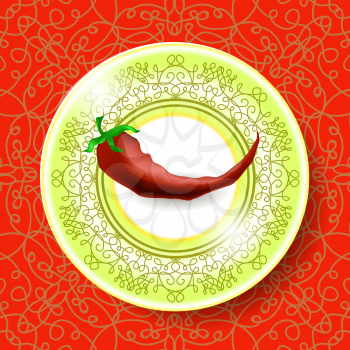 Hot Red Pepper on White Plate and Modern Ornamental Tablecloth