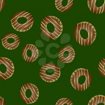 Fresh Sweet Donuts Seamless Pattern on Green Background. Delicios Tasty Glazed Donut. Cream Yummy Cookie.