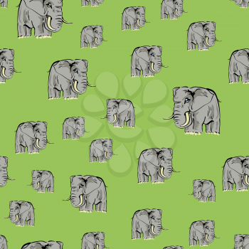 Cartoon Elephant Seamless Pattern on Green Background