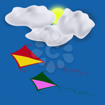 Colored Kites Flying in Blue Sky with Sun and Clouds. Freedom Concept. Toy for Children