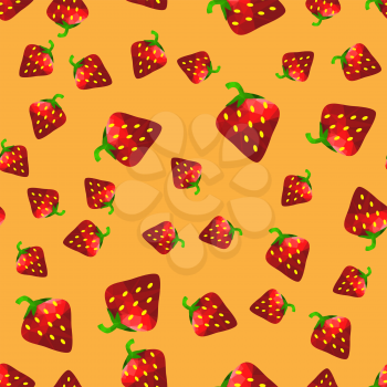 Fresh Strawberry Fruit Seamless Pattern on Orange Background