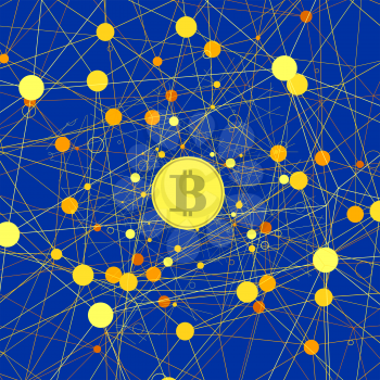 Set of Yellow Bitcoin Icons on Blue Background. Crypto Currency Concept