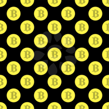 Golden Bitcoin Seamless Pattern on Black Background. Crypto Currency Mining Texture with Coins