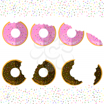 Sweet Glaze Pink and Brown Donuts Isolated on Sparkles Background. Fast Food Icon Flat Design. Top View.