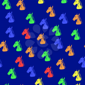 Colored Horse Head Seamless Pattern on Blue Background