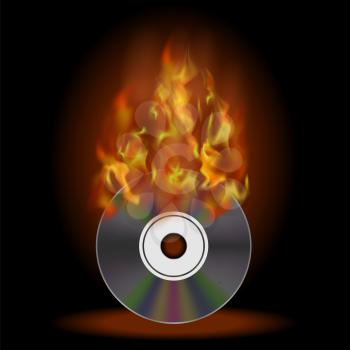 Digital Burning Compact Disc with Fire and Flame on Dark Background