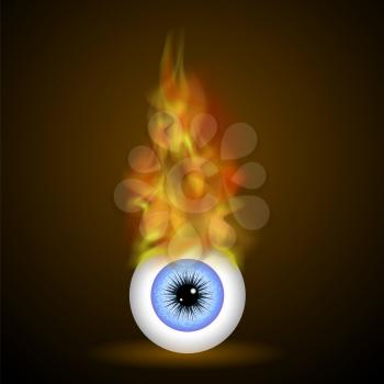 Vector Burning Blue Eye with Fire Flame on Dark Background
