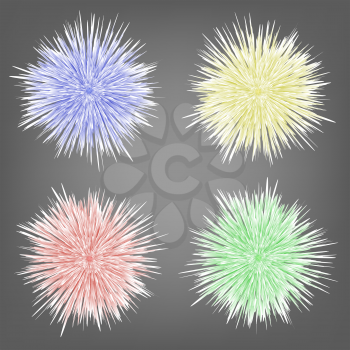Set of Different Colorful Fur Spheres Isolated on Grey Blurred Background. Fluffy Colored Balls