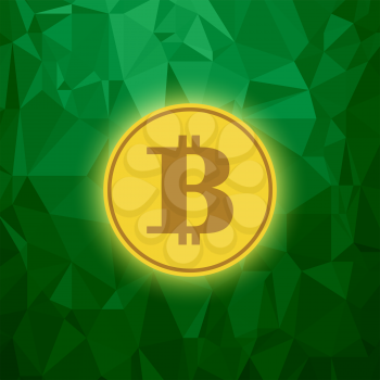 Yellow Bitcoin Icon on Green Polygonal Background. Crypto Currency Concept