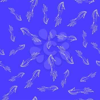 European Squid Silhouette Seamless Pattern Isolated on Blue Background. Cute Seafood. Animal Under Water. Sea Monster